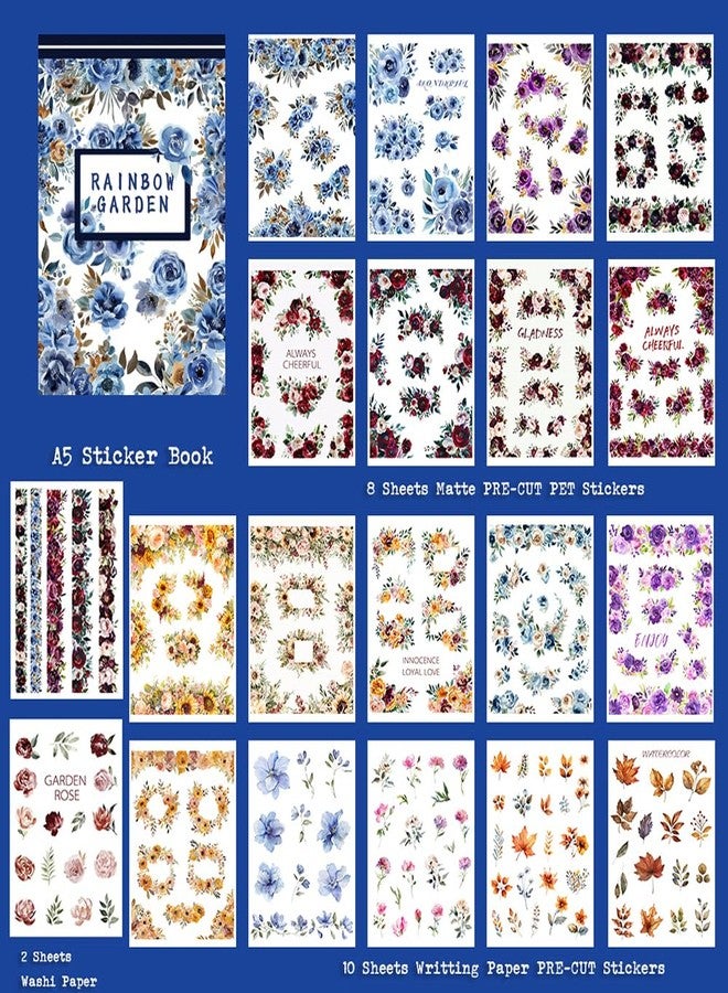 Dwpetzo Vintage Watercolor Flower Stickers, Precut Journal Sticker Book for Junk Journaling, Assorted Materials PET Washi Paper Stickers for Scrapbooking Supplies, Planners, Collage, 20 Sheets, A5 - Image 2