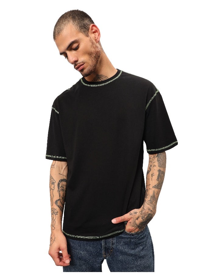 Beyoung Black Contrast Stitch Oversized T-shirt for Men  - Image 3