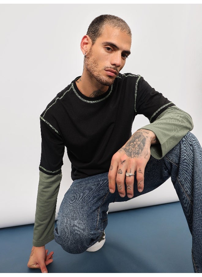 Beyoung Black Contrast Stitch Oversized T-shirt for Men  - Image 4