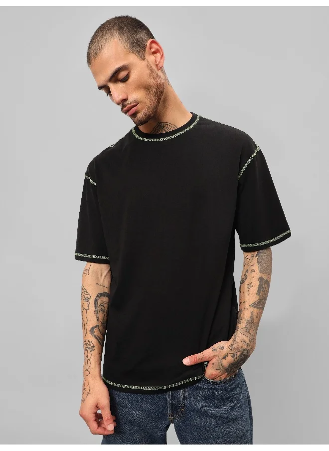 Beyoung Black Contrast Stitch Oversized T-shirt for Men