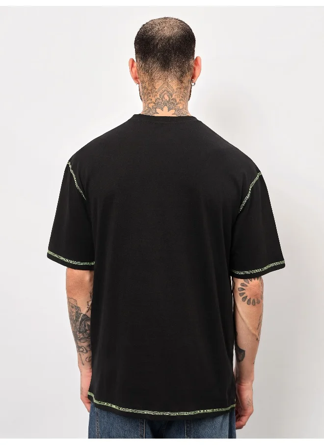 بيونغ Black Contrast Stitch Oversized T-shirt for Men