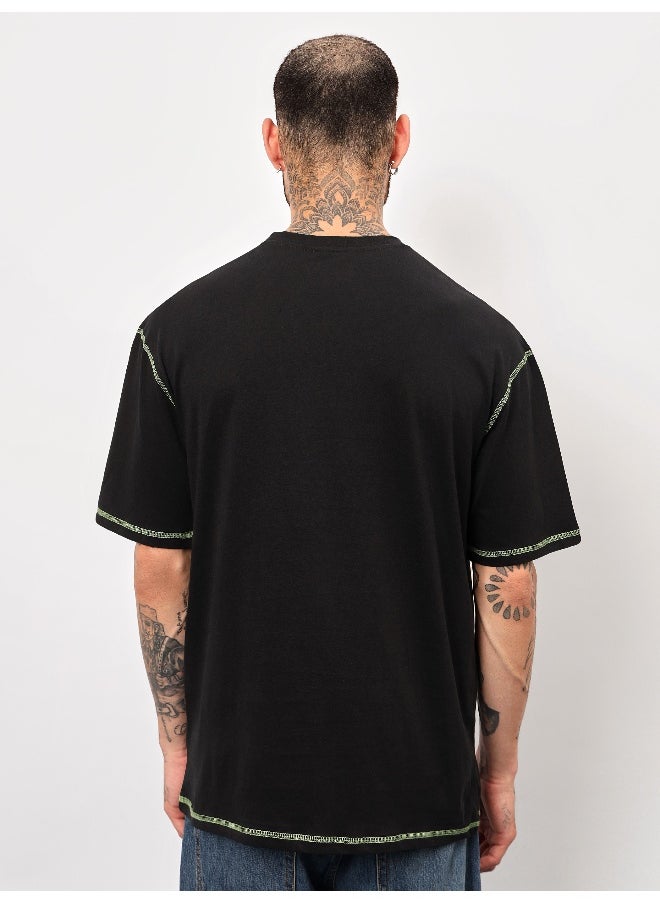 Beyoung Black Contrast Stitch Oversized T-shirt for Men  - Image 2