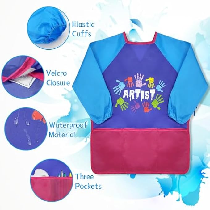 KIDS ART SMOCK, WATERPROOF ART APRON FOR CHILDREN LONG SLEEVES WITH 3 POCKETS PAINTING SMOCK FOR AGE 2-6 - Image 2