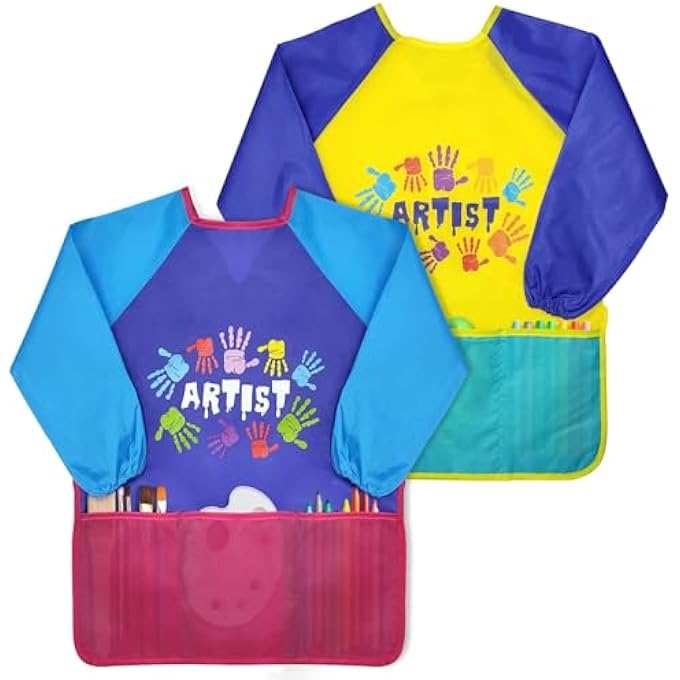 KIDS ART SMOCK, WATERPROOF ART APRON FOR CHILDREN LONG SLEEVES WITH 3 POCKETS PAINTING SMOCK FOR AGE 2-6 - Image 1