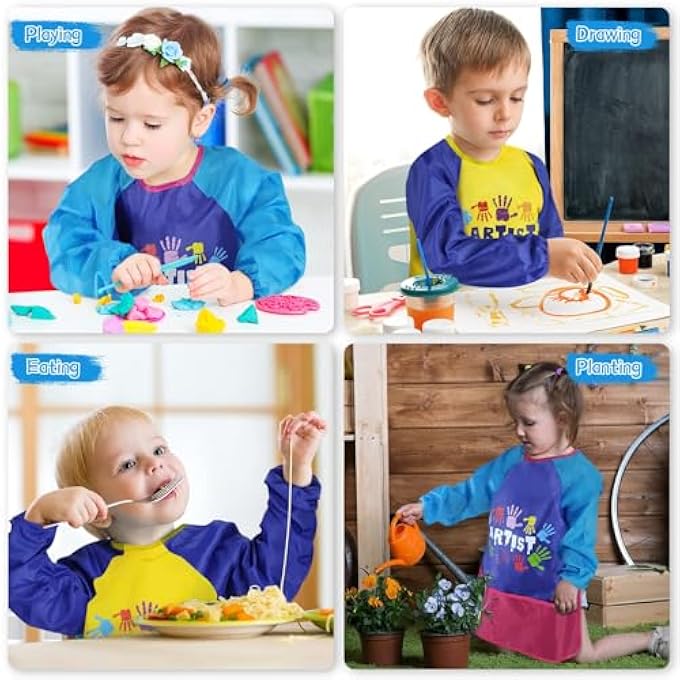 KIDS ART SMOCK, WATERPROOF ART APRON FOR CHILDREN LONG SLEEVES WITH 3 POCKETS PAINTING SMOCK FOR AGE 2-6 - Image 4