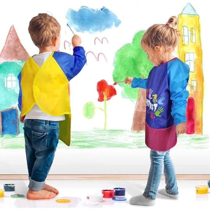 KIDS ART SMOCK, WATERPROOF ART APRON FOR CHILDREN LONG SLEEVES WITH 3 POCKETS PAINTING SMOCK FOR AGE 2-6 - Image 5