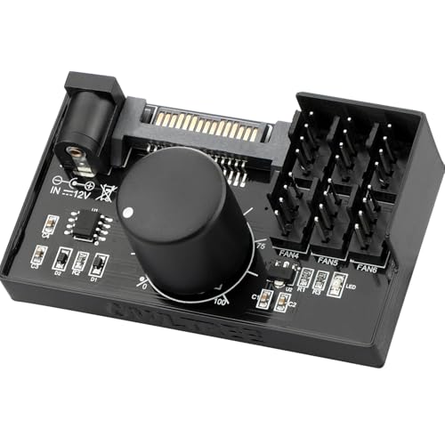OwlTree 4 Pin 12V PWM Fan Controller 6 Fans Supported , PC Fan Adapter Hub Powered by SATA and DC 5525, Cooling Fan Speed Knob with Max Total 60W 5A Output - Image 1