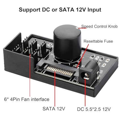 OwlTree 4 Pin 12V PWM Fan Controller 6 Fans Supported , PC Fan Adapter Hub Powered by SATA and DC 5525, Cooling Fan Speed Knob with Max Total 60W 5A Output - Image 2