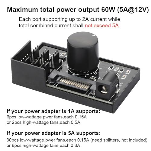 OwlTree 4 Pin 12V PWM Fan Controller 6 Fans Supported , PC Fan Adapter Hub Powered by SATA and DC 5525, Cooling Fan Speed Knob with Max Total 60W 5A Output - Image 4