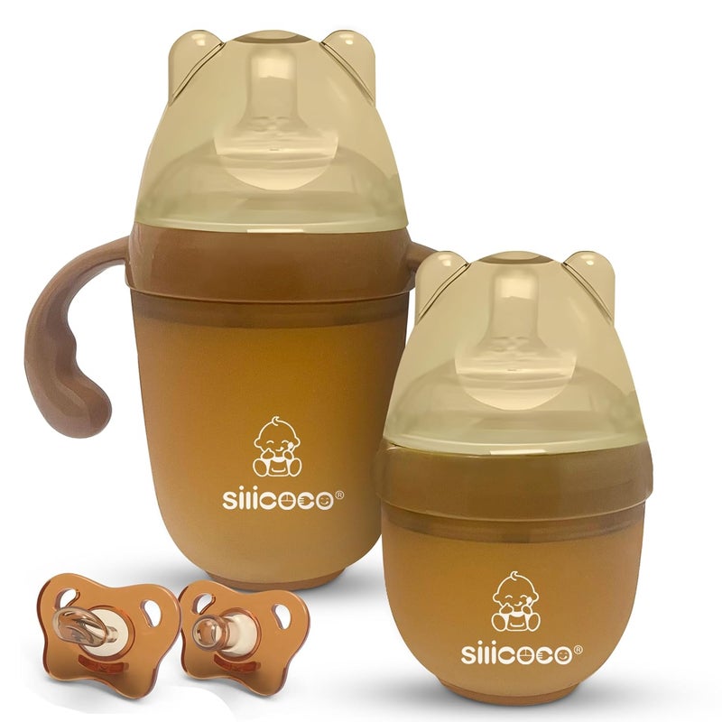 Generic Baby Bottles 2 Pack with Pacifiers  EcoFriendly Infant Feeding Set for Newborns to Toddlers  5oz and 8oz Bottles  UltraSoft Silicone Nipples  LeakProof Design brown - Image 1