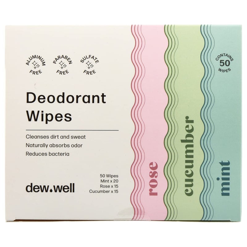 Dew Well Deodorant Wipes - On-the-Go Travel Deodorant - Fresh Mint, Rose & Cucumber Scents Body Wipes for Women - Aluminum, Paraben & Sulfate Free Mini Toiletries - 50 Count, Mint/Rose/Cucumber - Image 1