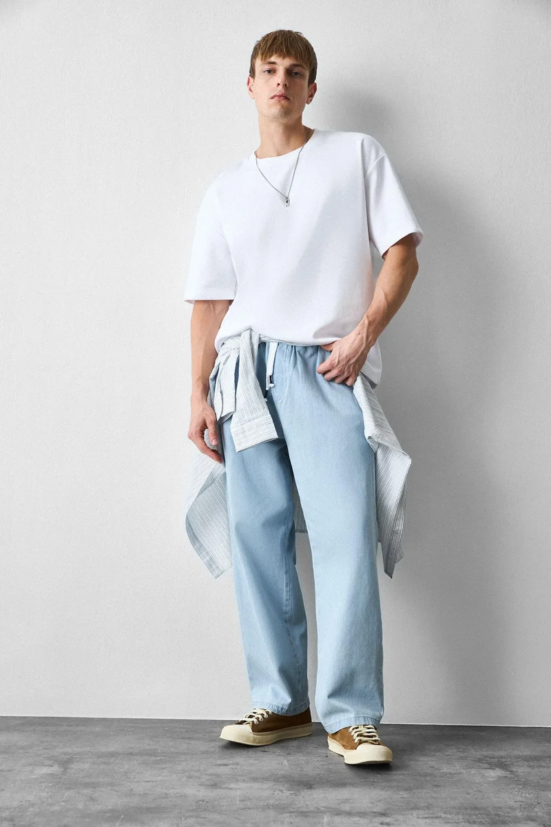 Baggy Fit Elastic Waist Blue Trousers