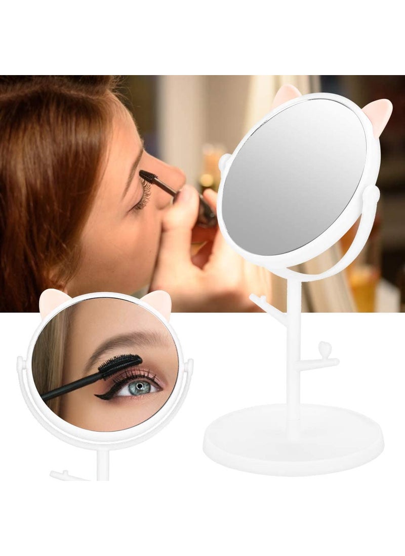 Turbid Turbid Cute Makeup Mirror with Stand Makeup Vanity Standing Mirror for Dressing Table Small Round Aesthetic Mirror in White and Pink Cat Ears Kawaii Style Desk Mirror White  - Image 2