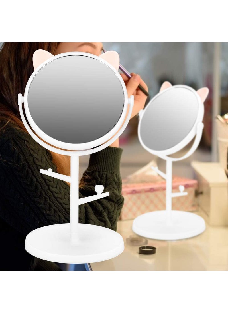 Turbid Turbid Cute Makeup Mirror with Stand Makeup Vanity Standing Mirror for Dressing Table Small Round Aesthetic Mirror in White and Pink Cat Ears Kawaii Style Desk Mirror White  - Image 5