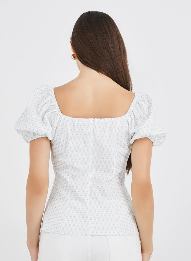 Take Two Take Two All-Over Print Square Neck Puff Sleeve Top