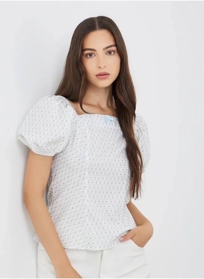 Take Two Take Two All-Over Print Square Neck Puff Sleeve Top