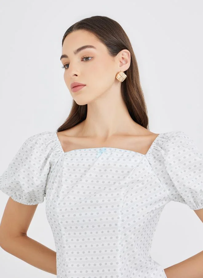 Take Two Take Two All-Over Print Square Neck Puff Sleeve Top