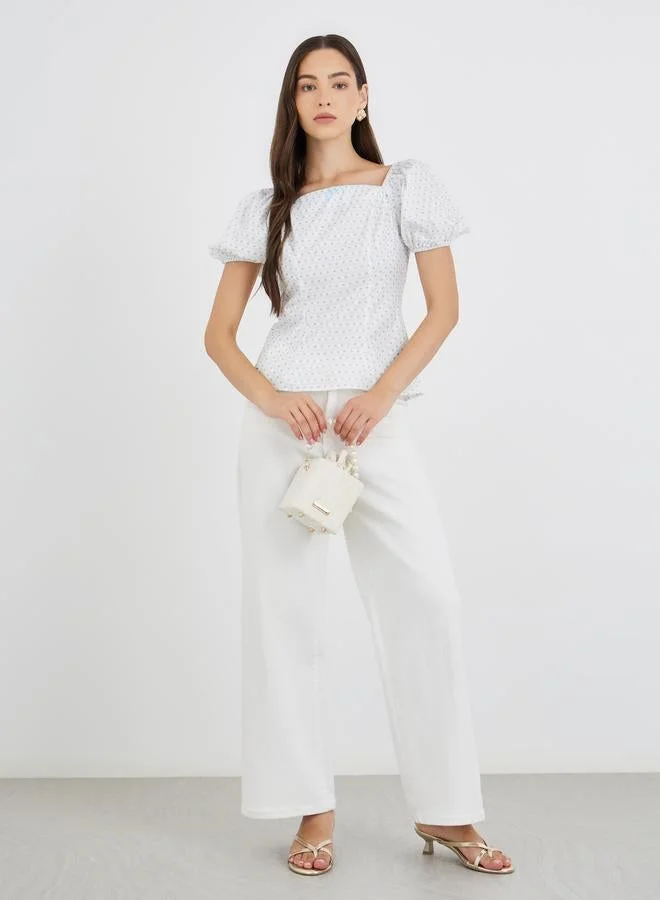 تايك تو بلوزة بطبعات مربعة بأكمام منفوشة