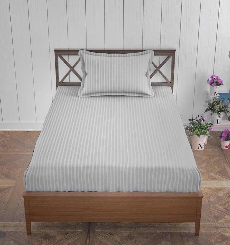Evan 300 TC Cotton Satin Stripes/Lining Plain Bedsheet for Single Bed Bedsheet with One Pillow Covers for Home-Hotels-Guest House- Light Grey, 60x90 inches - Image 1