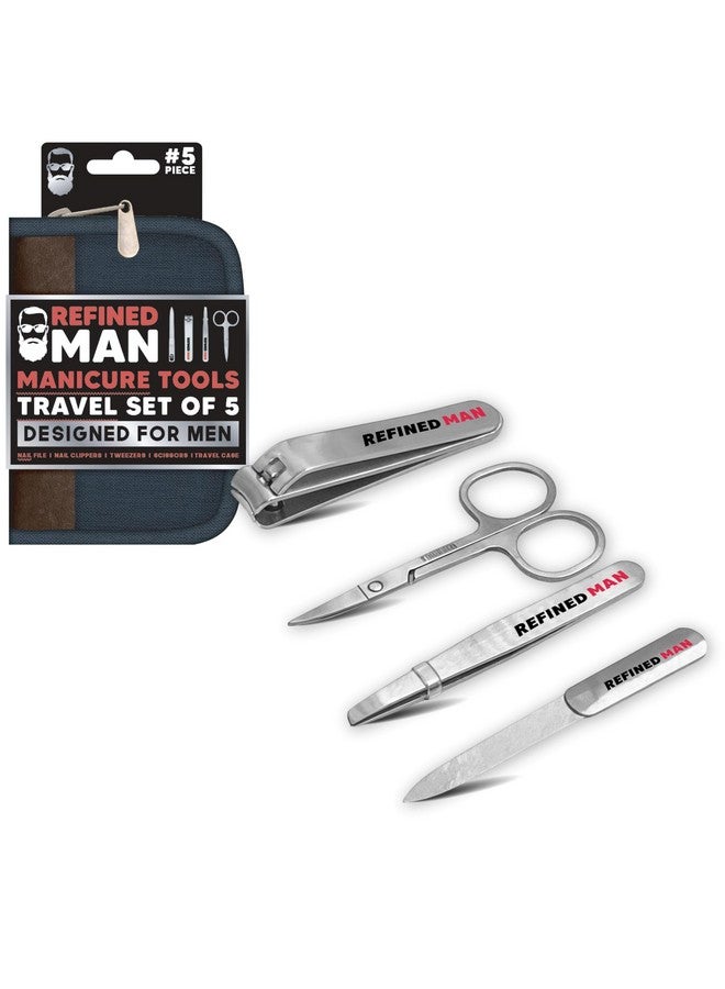 Refined Man Manicure And Pedicure Kit Set Of 5 - Manicure Kit For Men - Nail Clipper Kit With Nail File, Clippers, Scissors, Tweezer & Travel Case - Designed For Men (Brown/Navy)