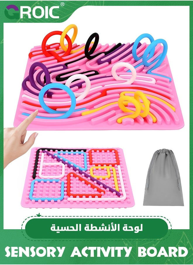 GROIC Larger Double-Sided Sensory Activity Board, Silicone Fidget Toy for Stress Relief, ADHD and Autism, Montessori Educational Learning Toys  for Kids & Adults Includes Travel Bag & 12 Strings (Pink)  - Image 1