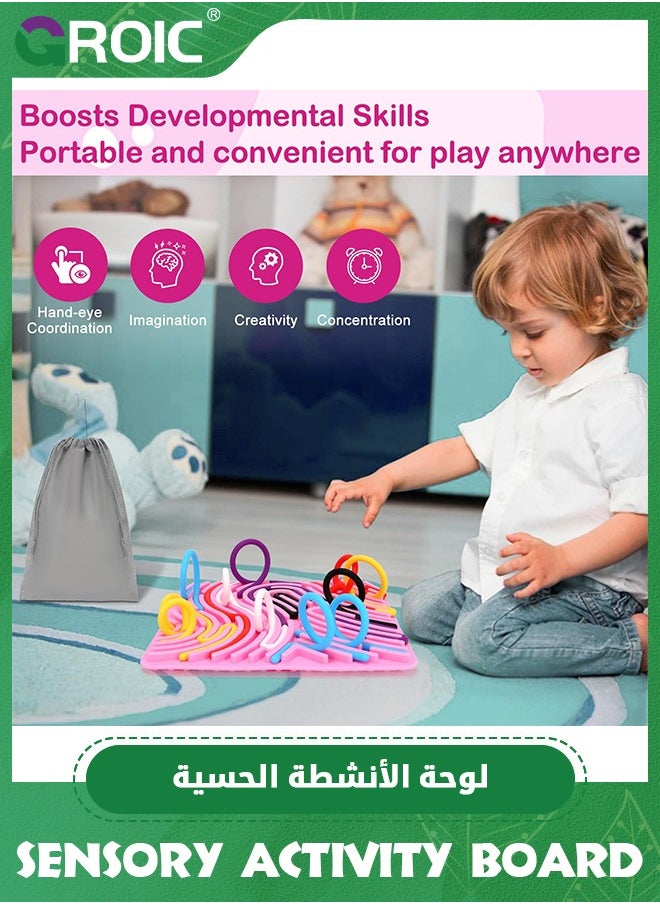 GROIC Larger Double-Sided Sensory Activity Board, Silicone Fidget Toy for Stress Relief, ADHD and Autism, Montessori Educational Learning Toys  for Kids & Adults Includes Travel Bag & 12 Strings (Pink)  - Image 5