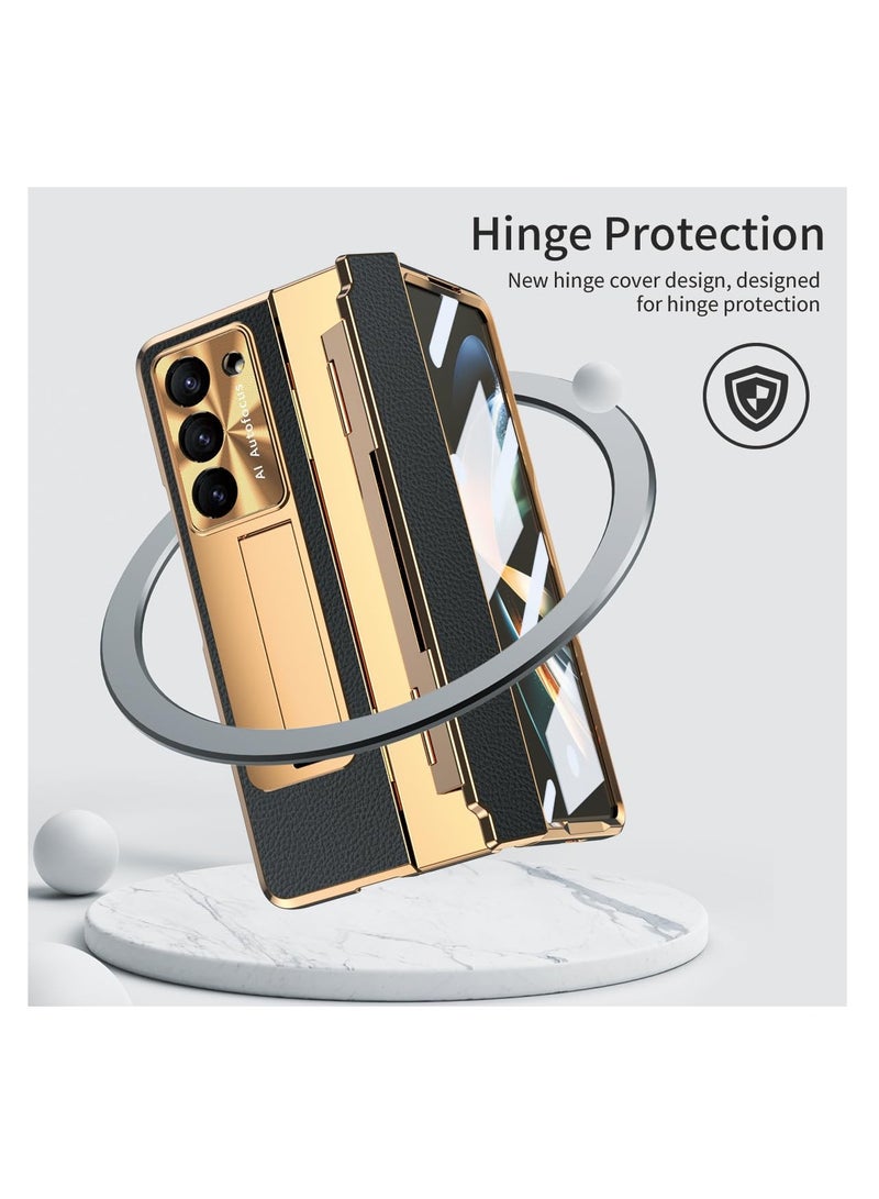 Aookay Case for Samsung Galaxy Z Fold 6 with Pen [Non-Original] and Hinge Protection, One-piece Design Z Fold 6 Phone Case Built-in Screen Protector and Stand, Luxury Leather Full Cover Phone Case (Black) - Image 2