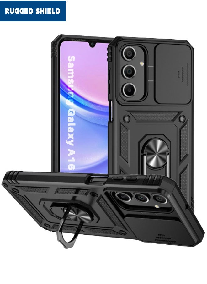 RUGGED SHIELD - Samsung Galaxy A16 Cover, Slide Camera Cover, Built-in 360° Rotate Ring Kickstand, Shockproof Drop Proof Protection, Heavy Duty Shockproof Protective Case for Samsung Galaxy A16 5G/4G, Black - Image 1