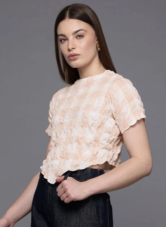 Women Regular Fit Textured Round Neck Short Sleeve Asymmetric Top