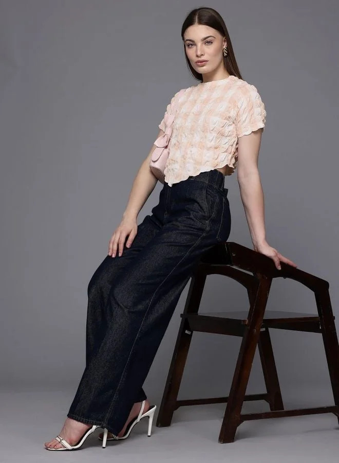 Freehand  Women Regular Fit Textured Round Neck Short Sleeve Asymmetric Top  | Best Price UAE