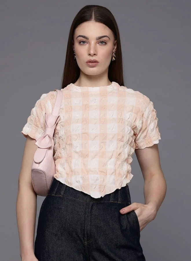 Freehand  Women Regular Fit Textured Round Neck Short Sleeve Asymmetric Top  | Best Price UAE