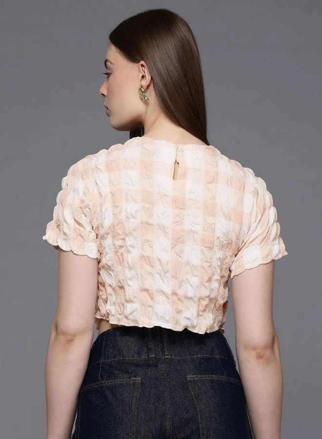 Freehand  Women Regular Fit Textured Round Neck Short Sleeve Asymmetric Top  | Best Price UAE
