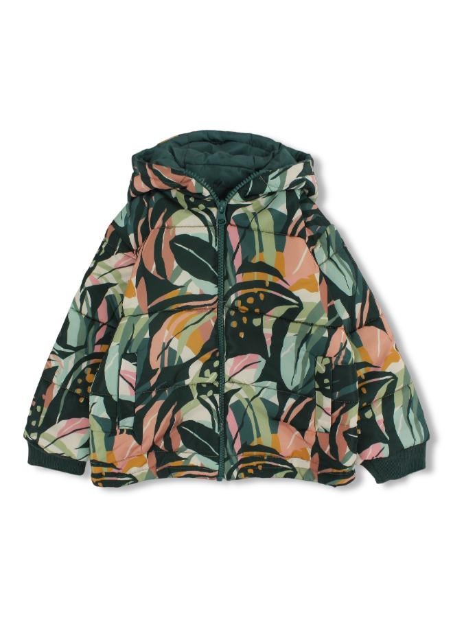 Ourkids Girls Waterproof Jacket – Dark Green with Tree Leaves Print - Image 1