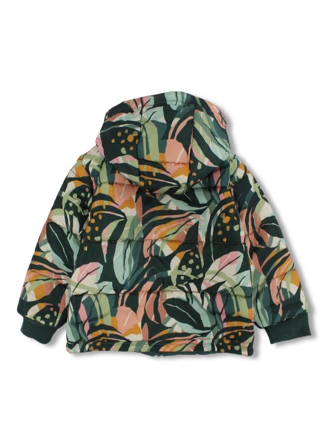 Ourkids Girls Waterproof Jacket – Dark Green with Tree Leaves Print - Image 2