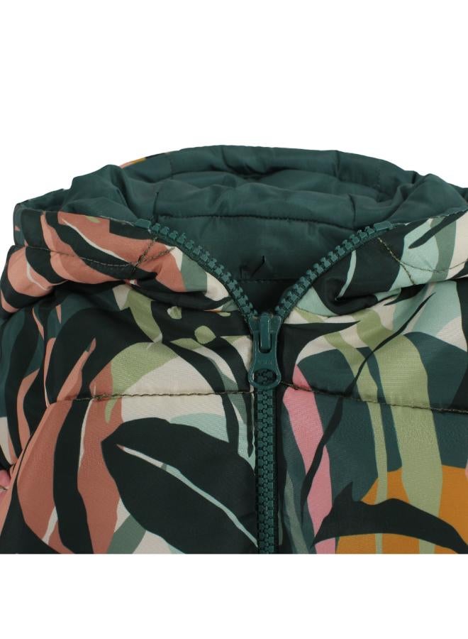 Ourkids Girls Waterproof Jacket – Dark Green with Tree Leaves Print - Image 3