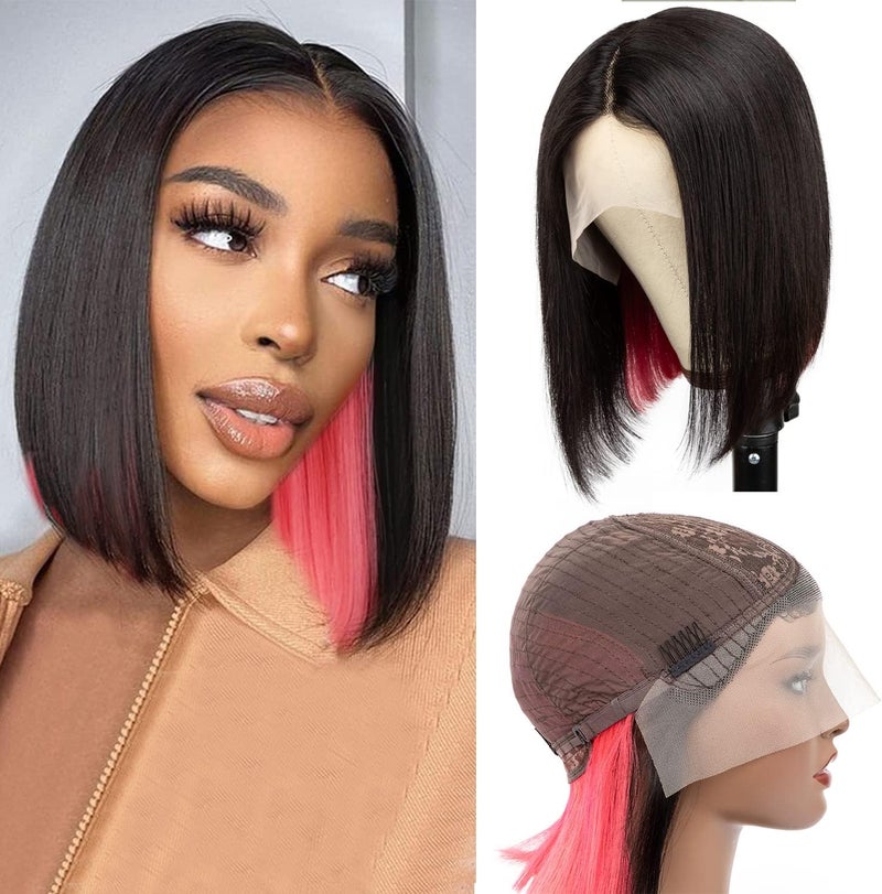 Originea Highlight Bob Wig Human Hair 13x6x1 Lace Front Pink Ombre Short TPart Straight Peekaboo Wig 12 Inch 150 Density