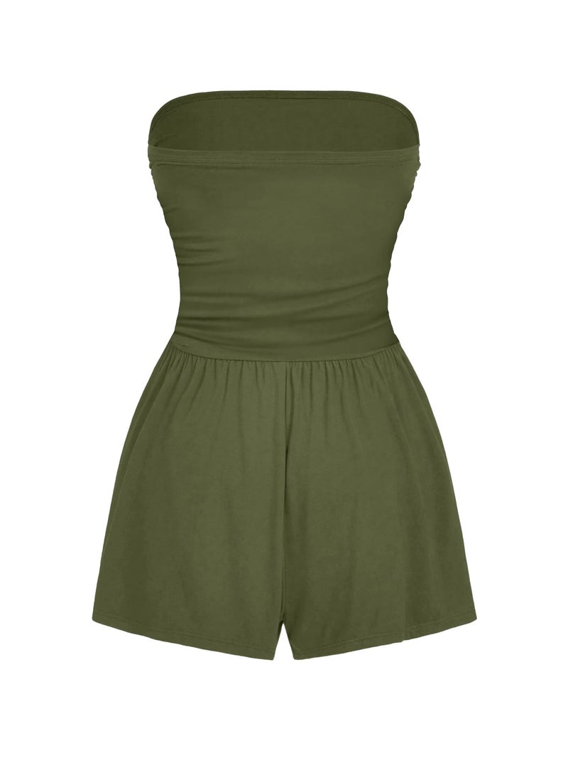 AUXDIO Women Summer Casual Strapless Romper Sleeveless Off Shoulder Short Jumpsuits 2026 Beach Vacation Clothes Army Green Small - Image 2