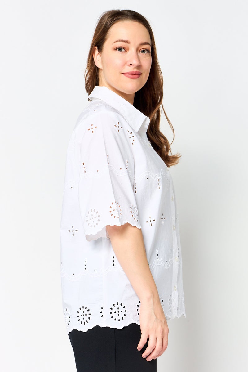 Material Girl Women Pointed Collar Short Sleeve Eyelet Blouse, White - Image 4