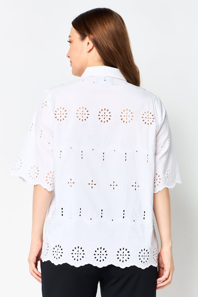 Material Girl Women Pointed Collar Short Sleeve Eyelet Blouse, White - Image 2