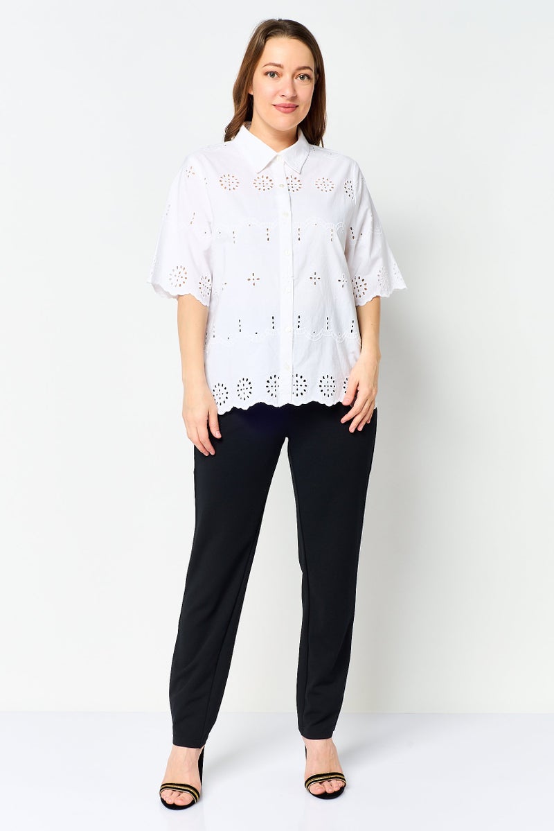Material Girl Women Pointed Collar Short Sleeve Eyelet Blouse, White - Image 3