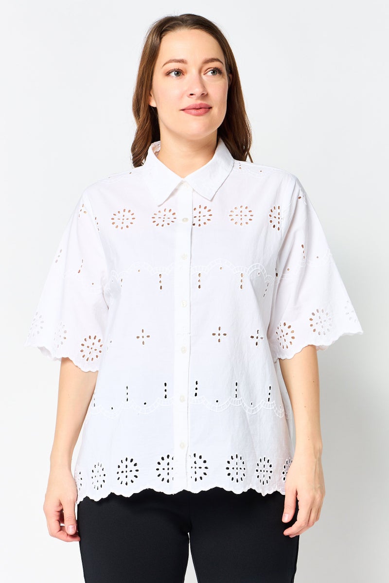Material Girl Women Pointed Collar Short Sleeve Eyelet Blouse, White - Image 1