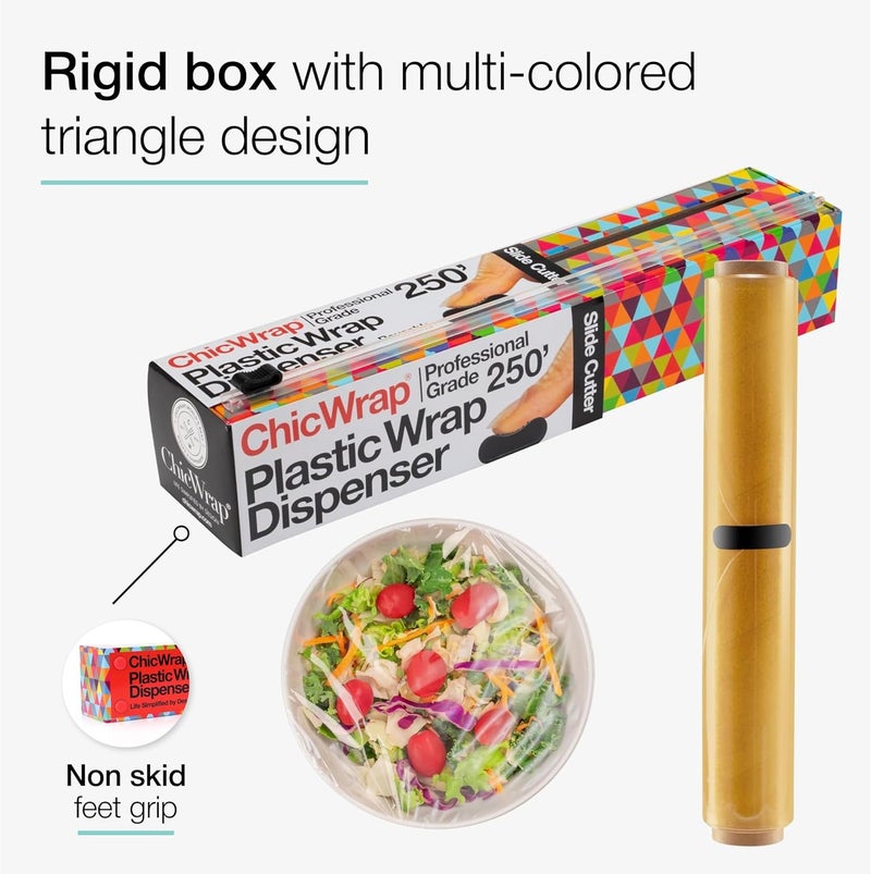 ChicWrap Triangles Refillable Plastic Wrap Dispenser - Includes One 12" x 250' Roll of Professional Grade Plastic Wrap - BPA Free and Kosher Certified - Reusable Dispenser w/Slide Cutter - Image 3