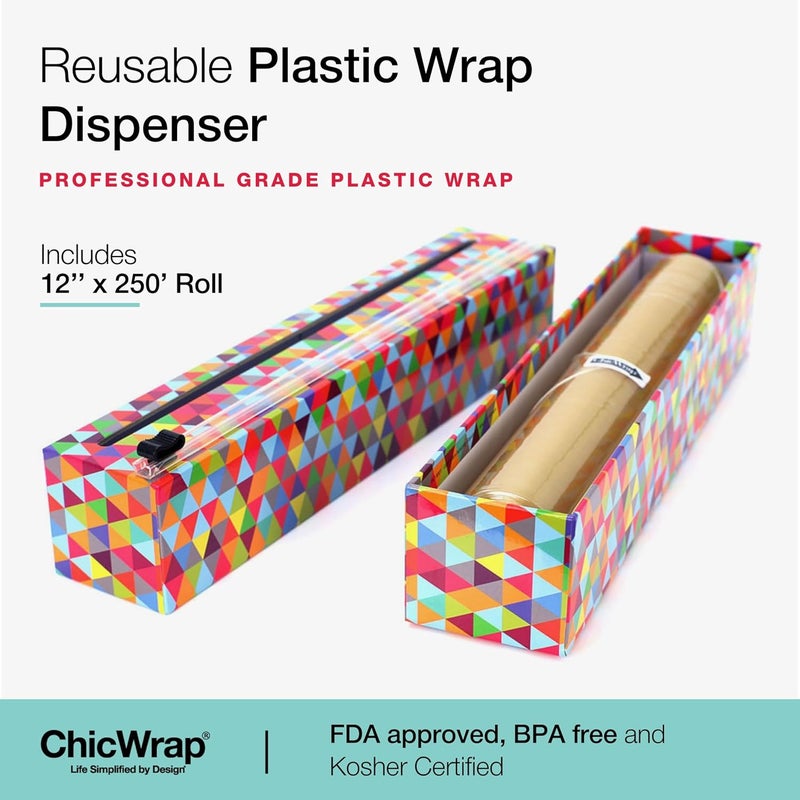 ChicWrap Triangles Refillable Plastic Wrap Dispenser - Includes One 12" x 250' Roll of Professional Grade Plastic Wrap - BPA Free and Kosher Certified - Reusable Dispenser w/Slide Cutter - Image 2