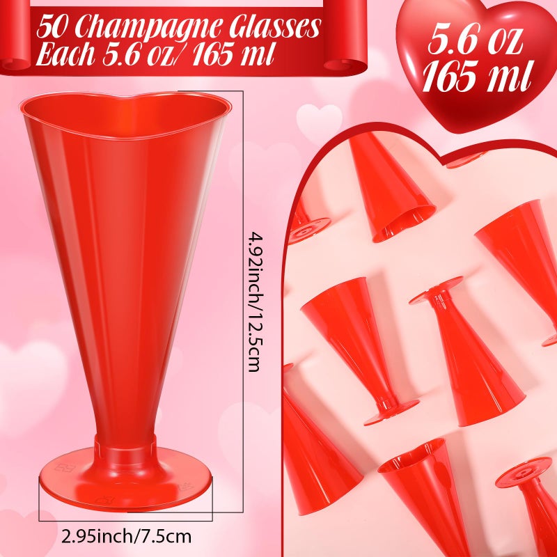 Ziliny 50 Pcs Valentine's Day Cups Valentine Shot Glasses 5.6 oz Heart Shaped Champagne Flutes Disposable Plastic Pink Red Heart Wine Glasses Cocktail Drinking for Birthday Wedding Party (Red) - Image 2