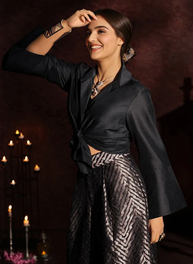 ISHIN  Women'S Black 100% Cotton Self Design Full Length Palazzo Co Ords for Women | Best Price UAE