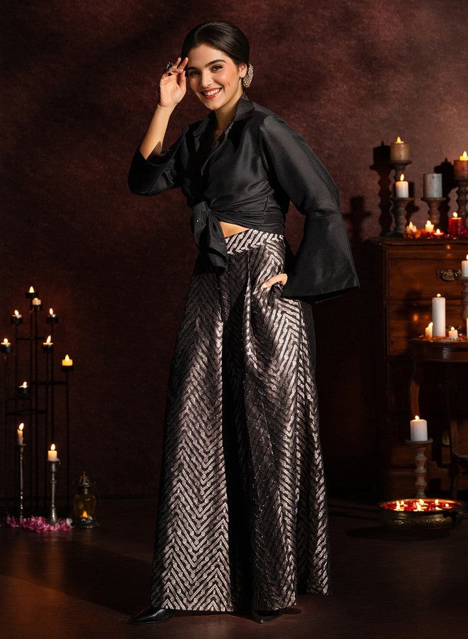 ISHIN Women'S Black 100% Cotton Self Design Full Length Palazzo Co Ords - Image 2