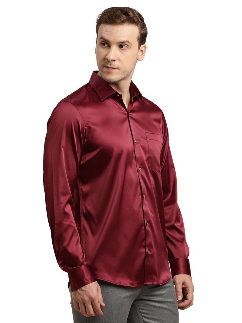 Turtle Men Poly Satin Maroon Solid Slim Fit Full Sleeve Ceremonial Shirt - Image 4
