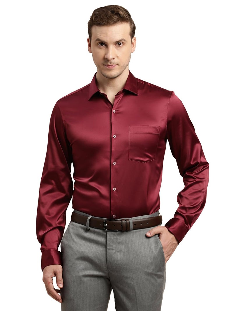 Turtle Men Poly Satin Maroon Solid Slim Fit Full Sleeve Ceremonial Shirt - Image 1