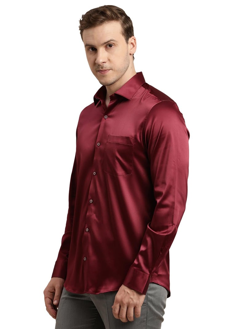 Turtle Men Poly Satin Maroon Solid Slim Fit Full Sleeve Ceremonial Shirt - Image 3