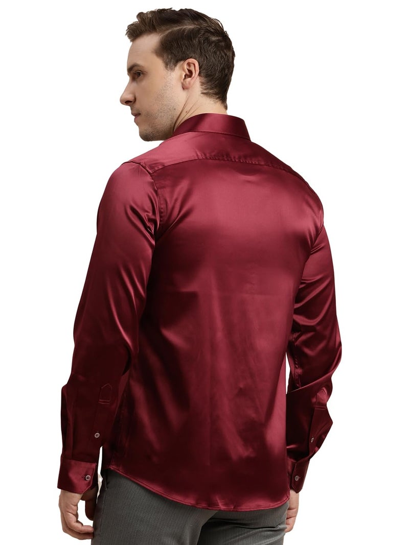 Turtle Men Poly Satin Maroon Solid Slim Fit Full Sleeve Ceremonial Shirt - Image 2